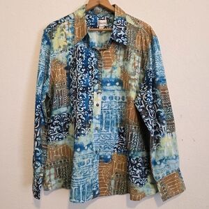 Chico's Top Long Sleeve Button Up Shirt Artsy Fairy Office Size 3 is XL EUC